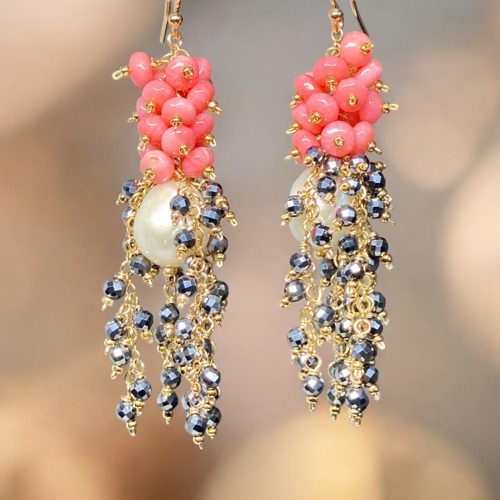 CUSTOM ORDER for Sandra H - Pearl, Coral and Black Cluster Earrings Gold Fill