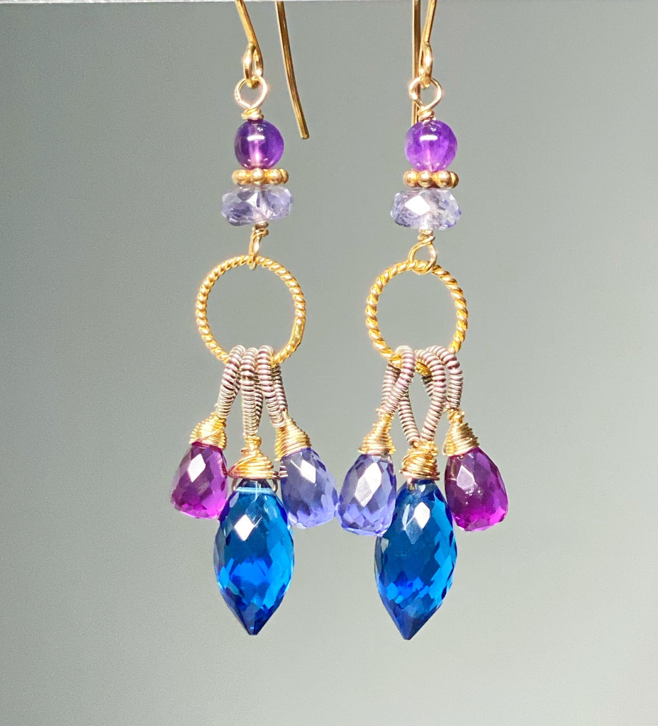 Blue, Purple Chandelier Earrings, Mixed Metals, Iolite, Amethyst, Quartz