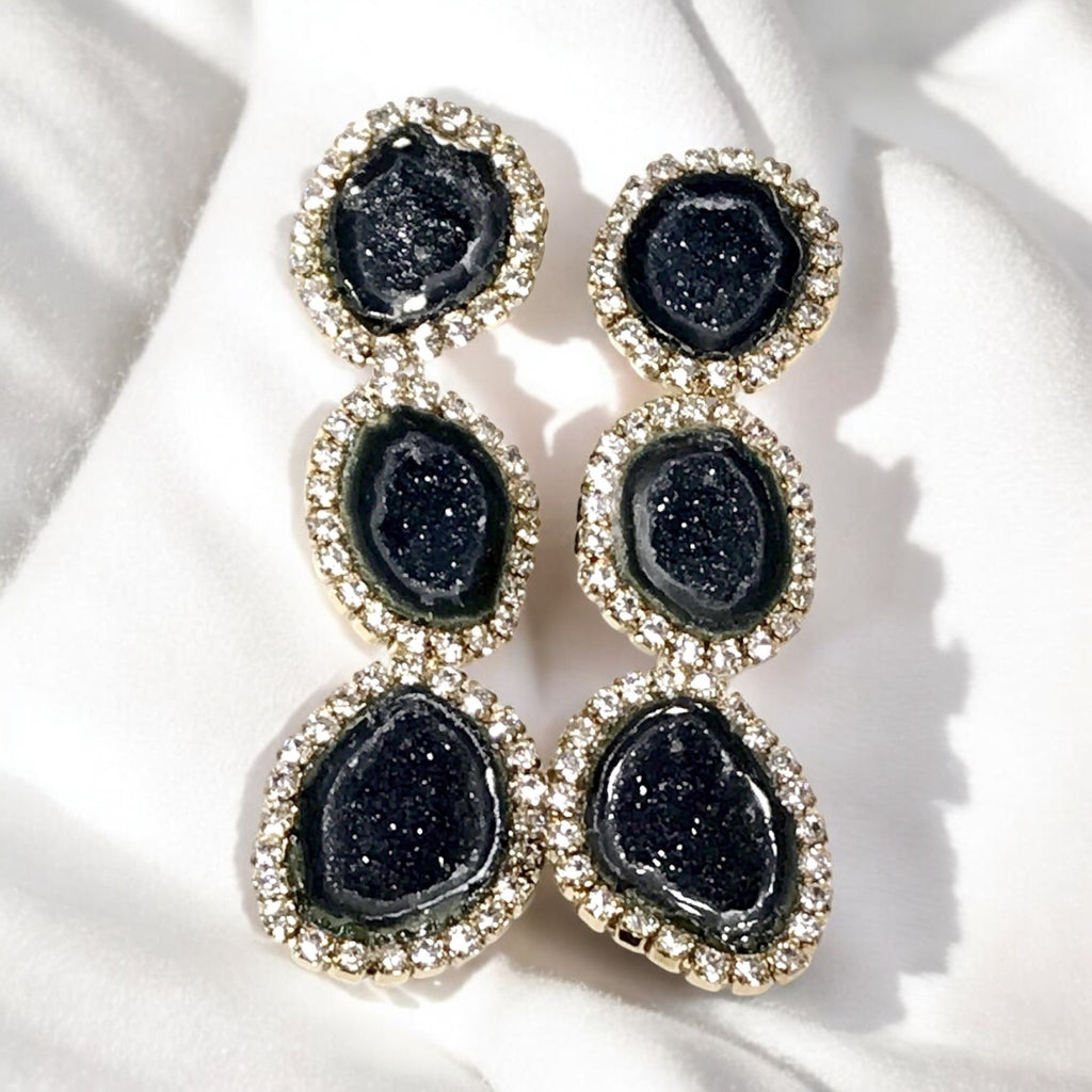 Black Tabasco Geode Triple Dangle Earrings