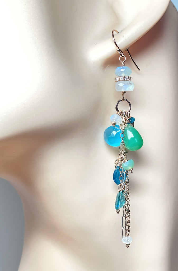 Rose Gold Long Boho Dangle Earrings Mixed Metal with Chrysoprase, Blue Chalcedony and Moonstone