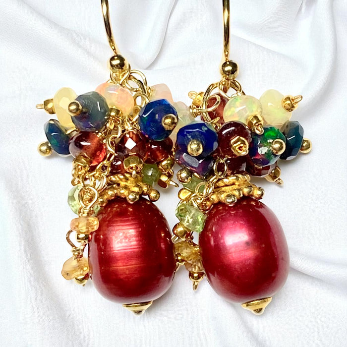 Red Pearl, Opal and Garnet Cluster Earrings Gold Fill 2