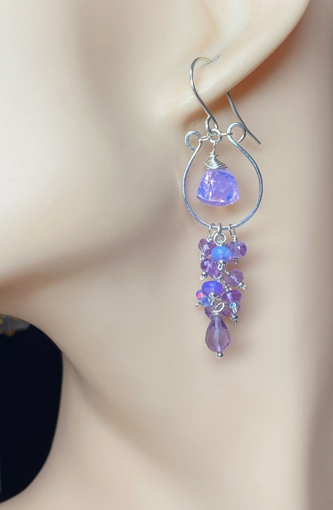 Lavender Quartz, Pink Amethyst, & Lavender Opal Chandelier Hoop Earrings Sterling Silver - Doolittle