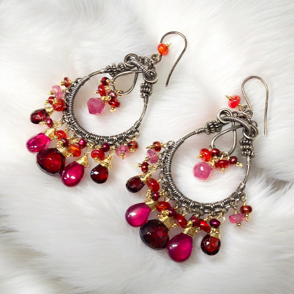 Red Garnet Mixed Metal Chandelier Hoop Earrings - Red Opals, Pink Sapphire Sterling Silver Gold Fill