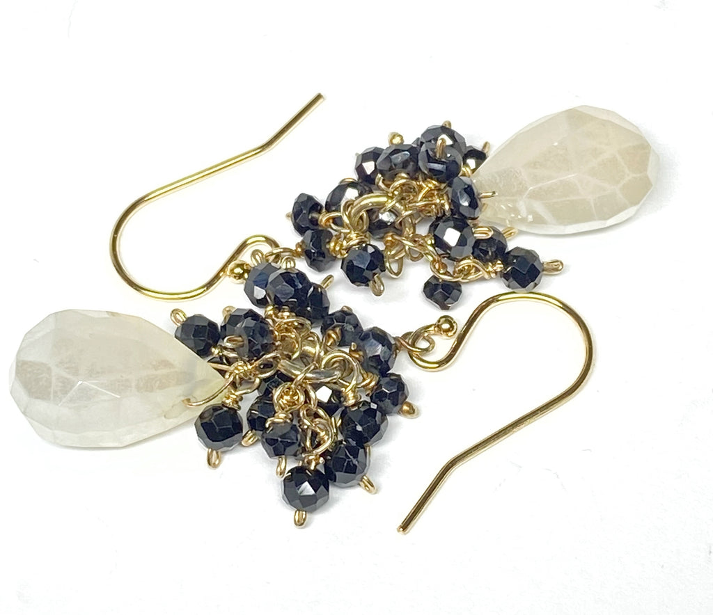 Mystic Ivory Chalcedony, Black Spinel Cluster Earrings Gold Fill