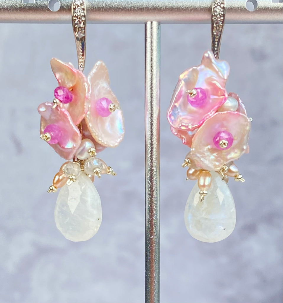 Moonstone, Pink Keishi Pearl, Pink Sapphire Cluster Earrings