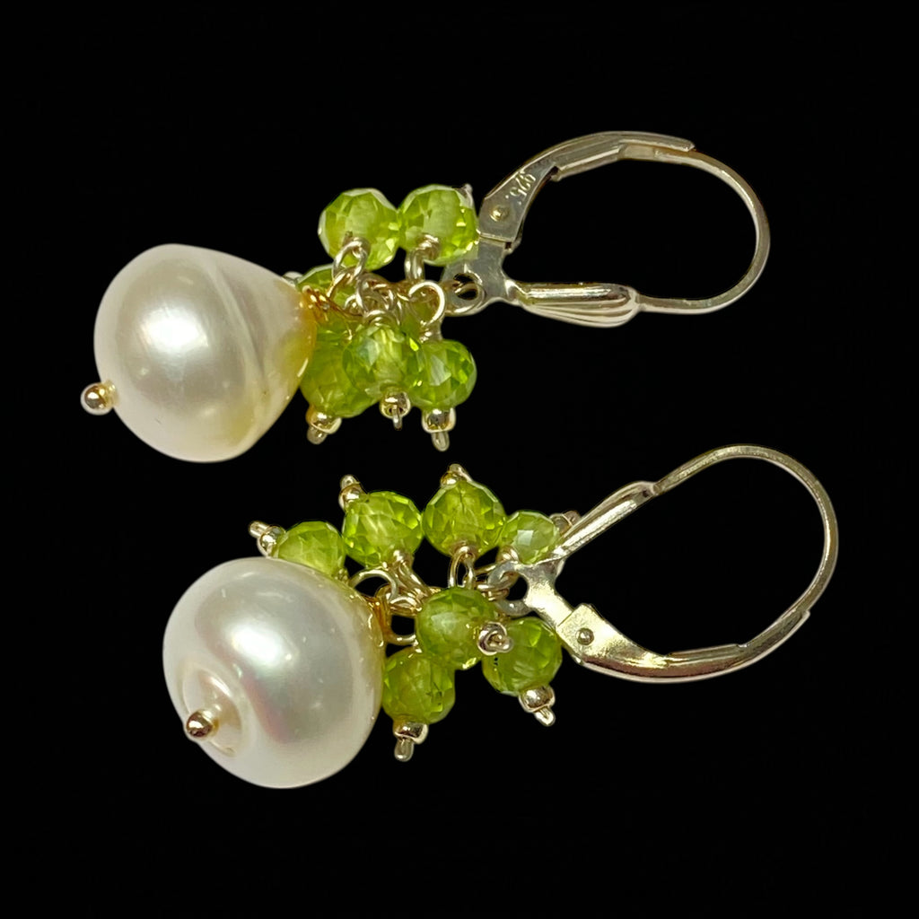 Peridot and Pearl Cluster Earrings, Sterling Silver