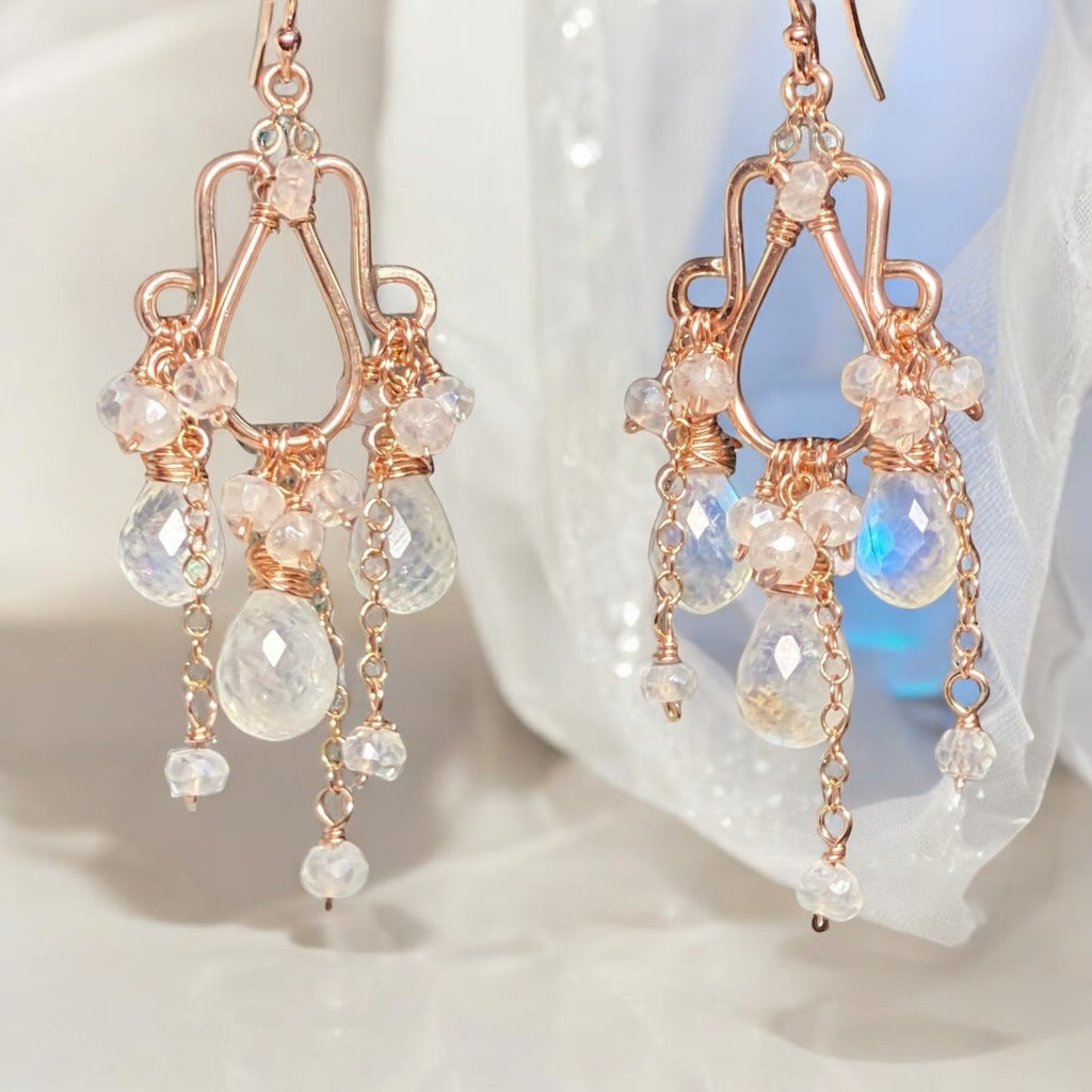 Rainbow Moonstone Rose Gold Chandelier Earrings Boho Bridal Wedding 2