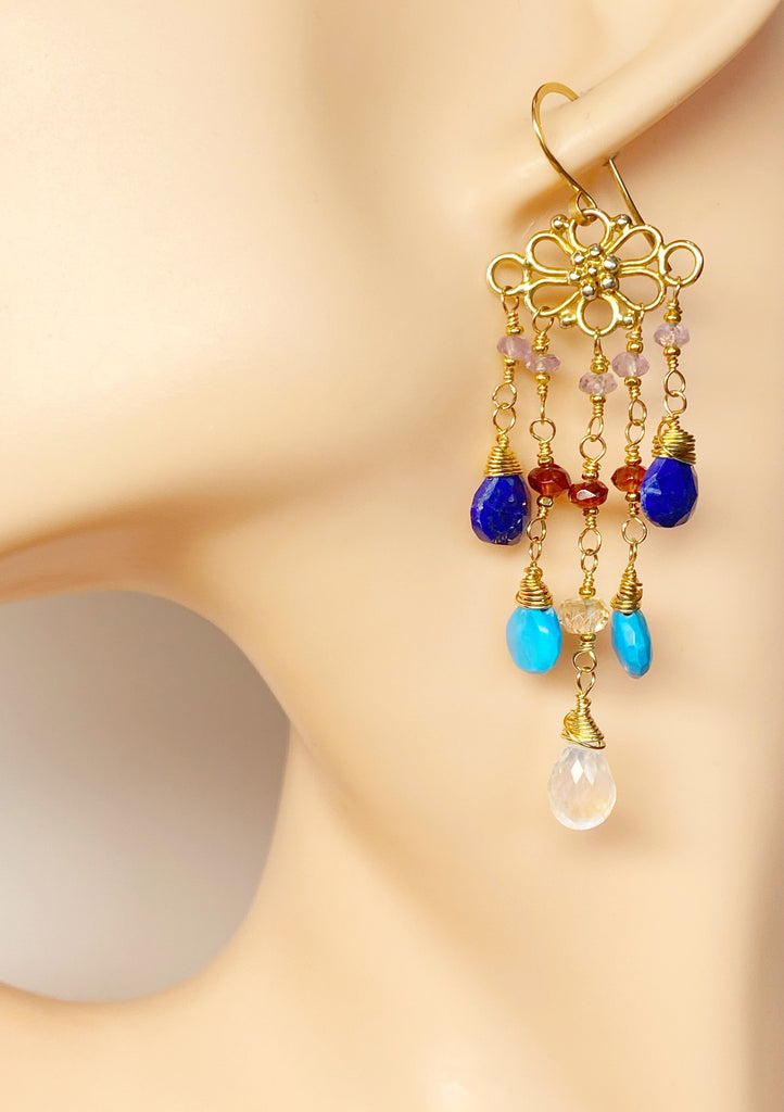 Turquoise, Blue Lapis, Moonstone and Garnet Chandelier Earring - Doolittle