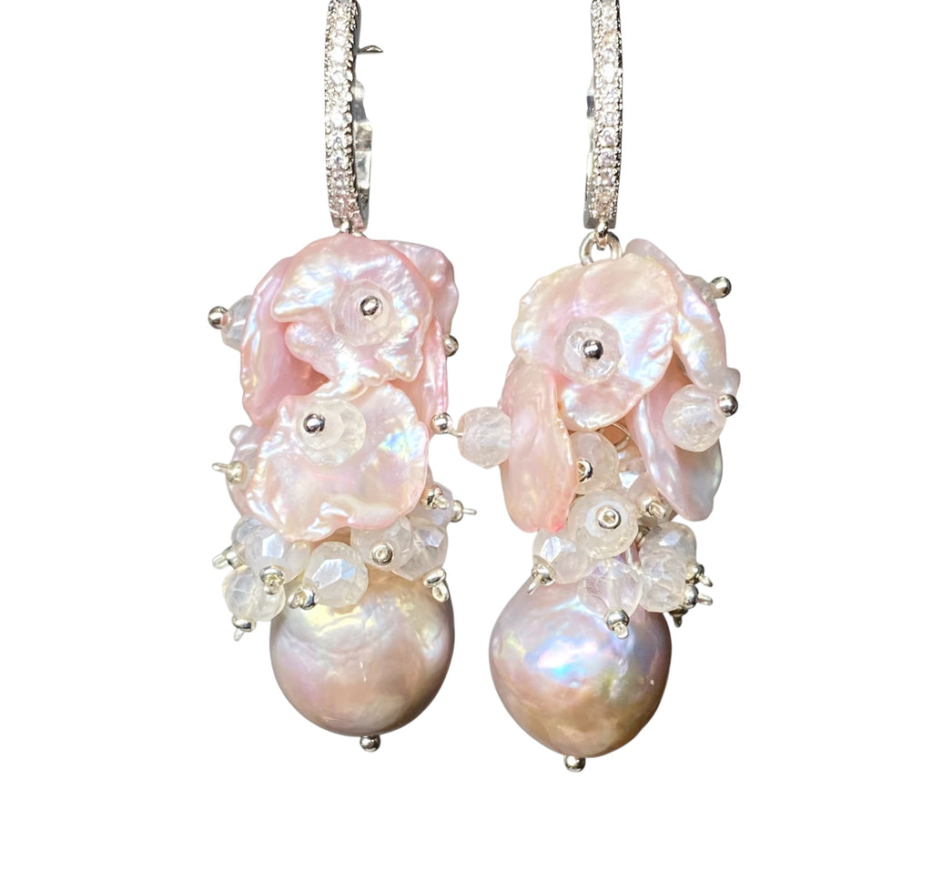 Blush Keishi Pearl Cluster Wedding Earrings Sterling Silver 2