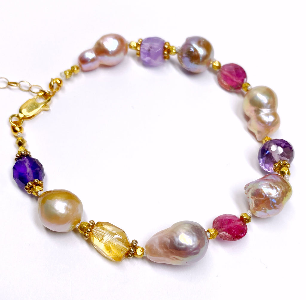 Baroque Pearl and Multi Gemstone Bracelet Gold Fill