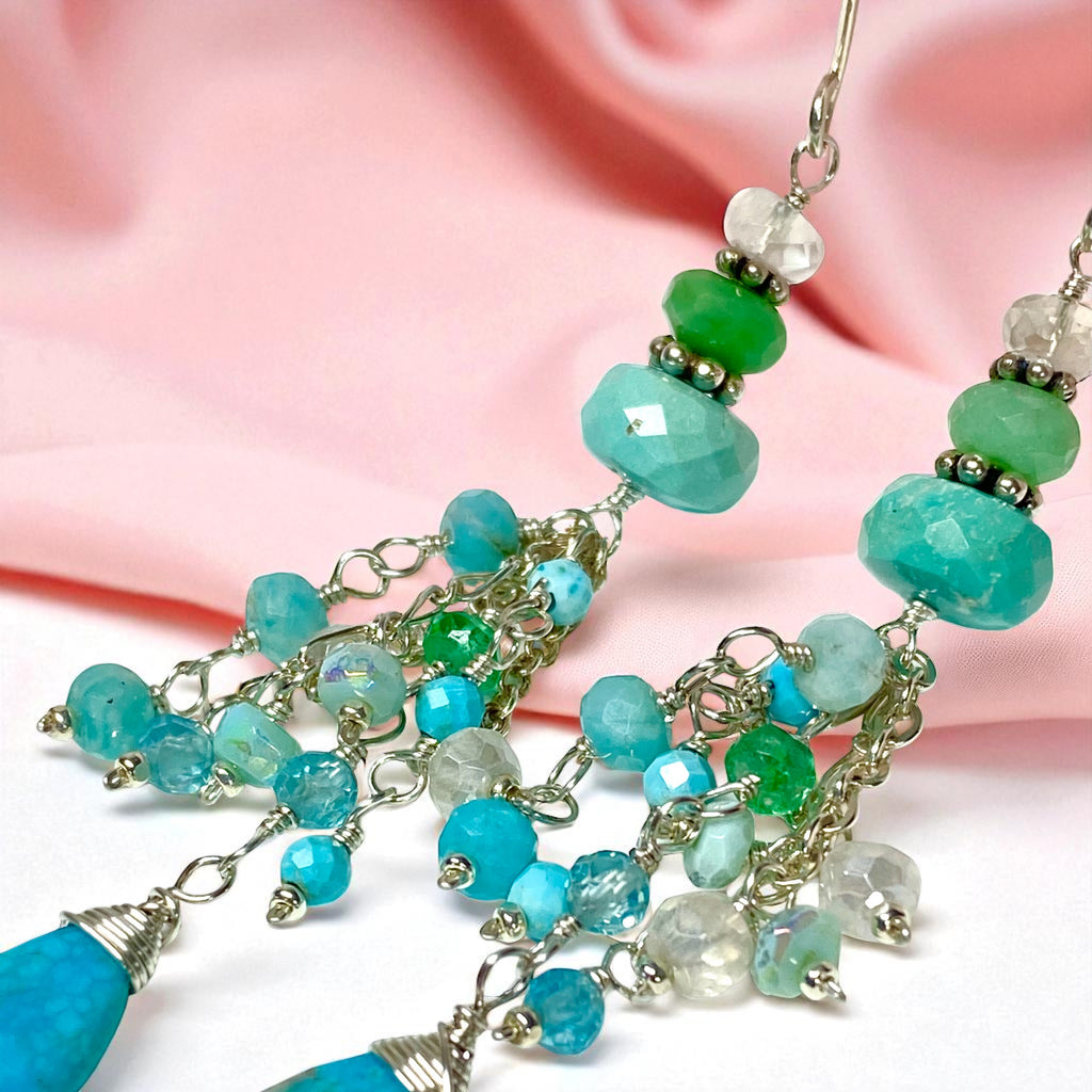 Multi Gemstone Gem Dangle Earrings, Tassel Style, Turquoise, Chrysoprase, Sterling Silver