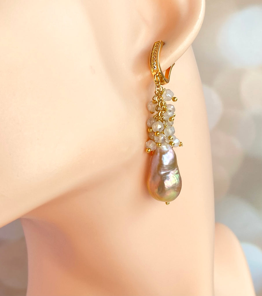 Baroque Flameball Gold Silver Metallic Pearl Earrings with Mystic Crystal Clusters Gold Fill