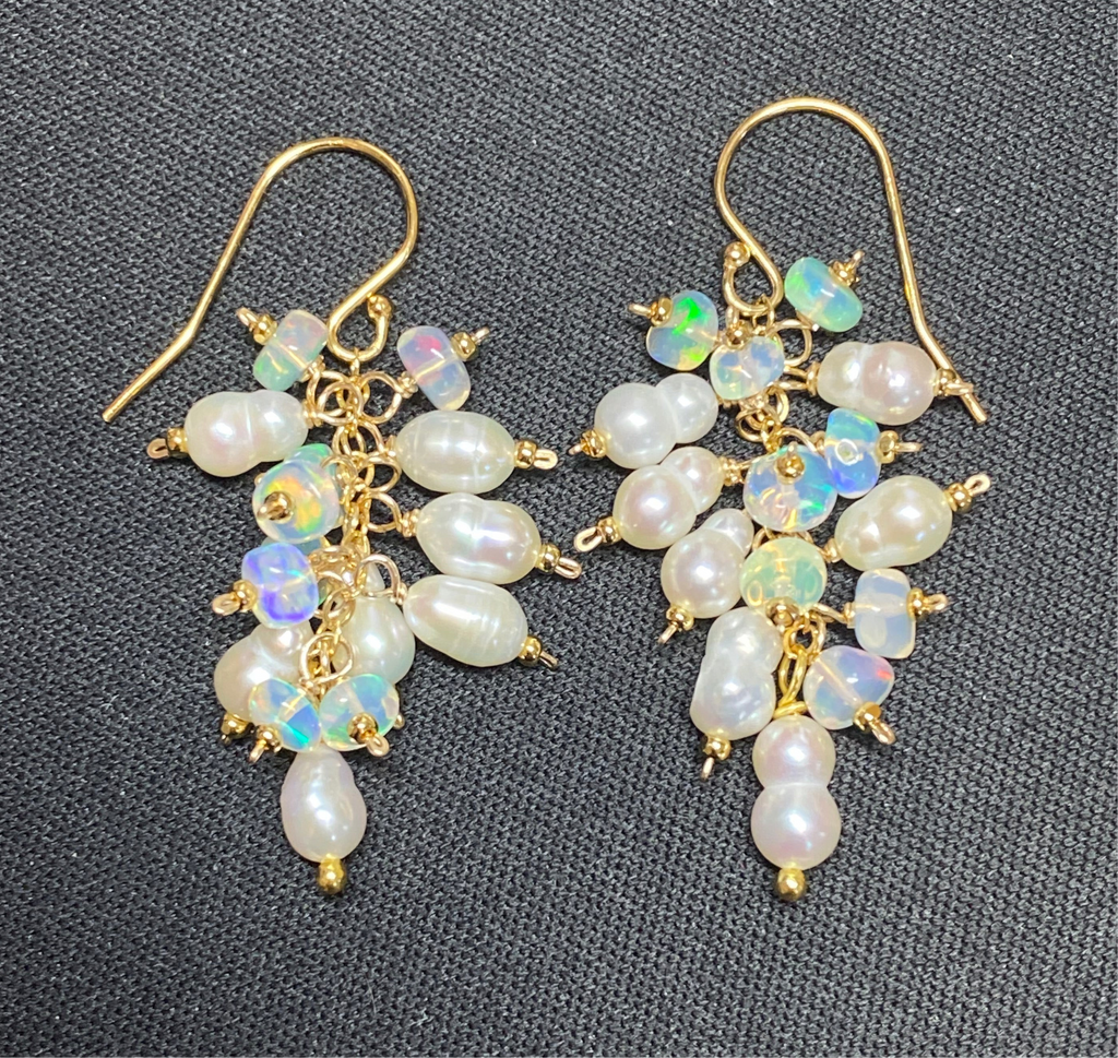 Pearl and White Ethiopian Opal Dangle Earrings Gold