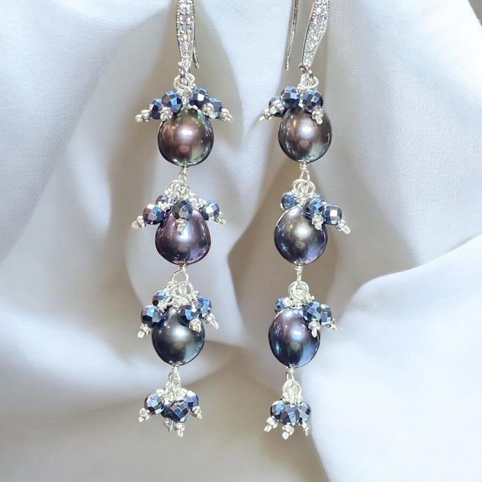 Black Peacock Pearl and Black Terahertz Long Dangle Earrings Sterling Silver