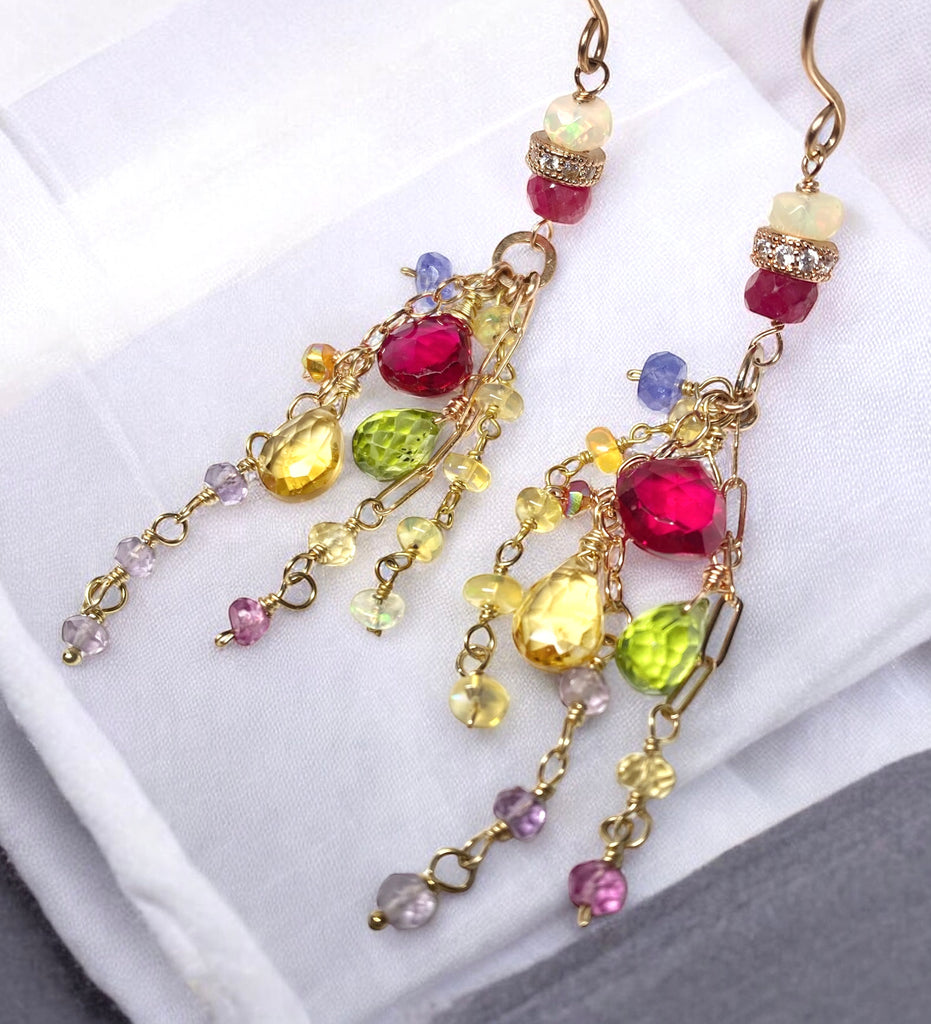 Multi-color Gemstone Long Chain Dangle Earrings Red Topaz Pink Sappire Citrine Opal Rose Gold