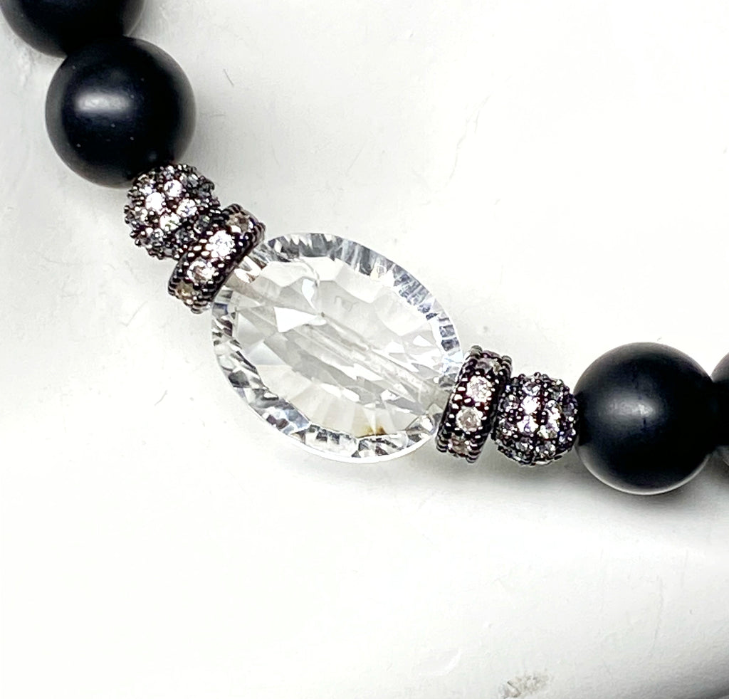 Black Onyx Stretch Bracelet with Crystal Quartz and Black Pave CZ