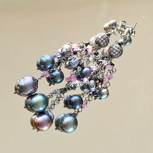 Pink Spinel Pearl Tassel Earrings