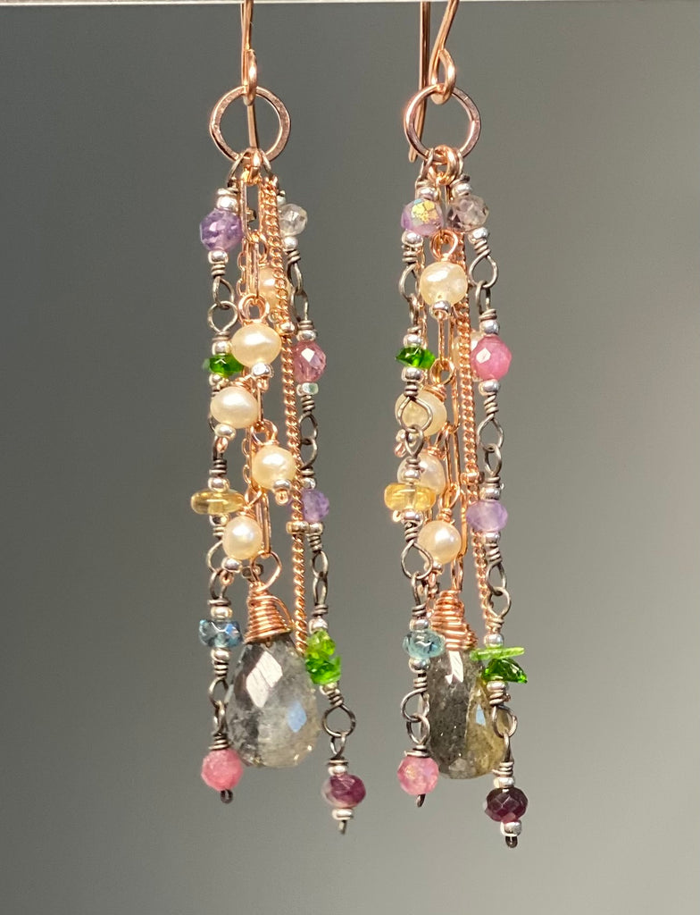 Labradorite Gemstone Dangle Earrings, Tassel Style: Gold Fill, Rose Gold, Silver, Mixed Metal