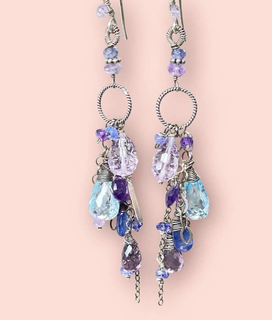 Blue Violet Boho Dangle Earrings Amethyst, Blue Topaz, Kyanite, Oxidized Sterling Silver