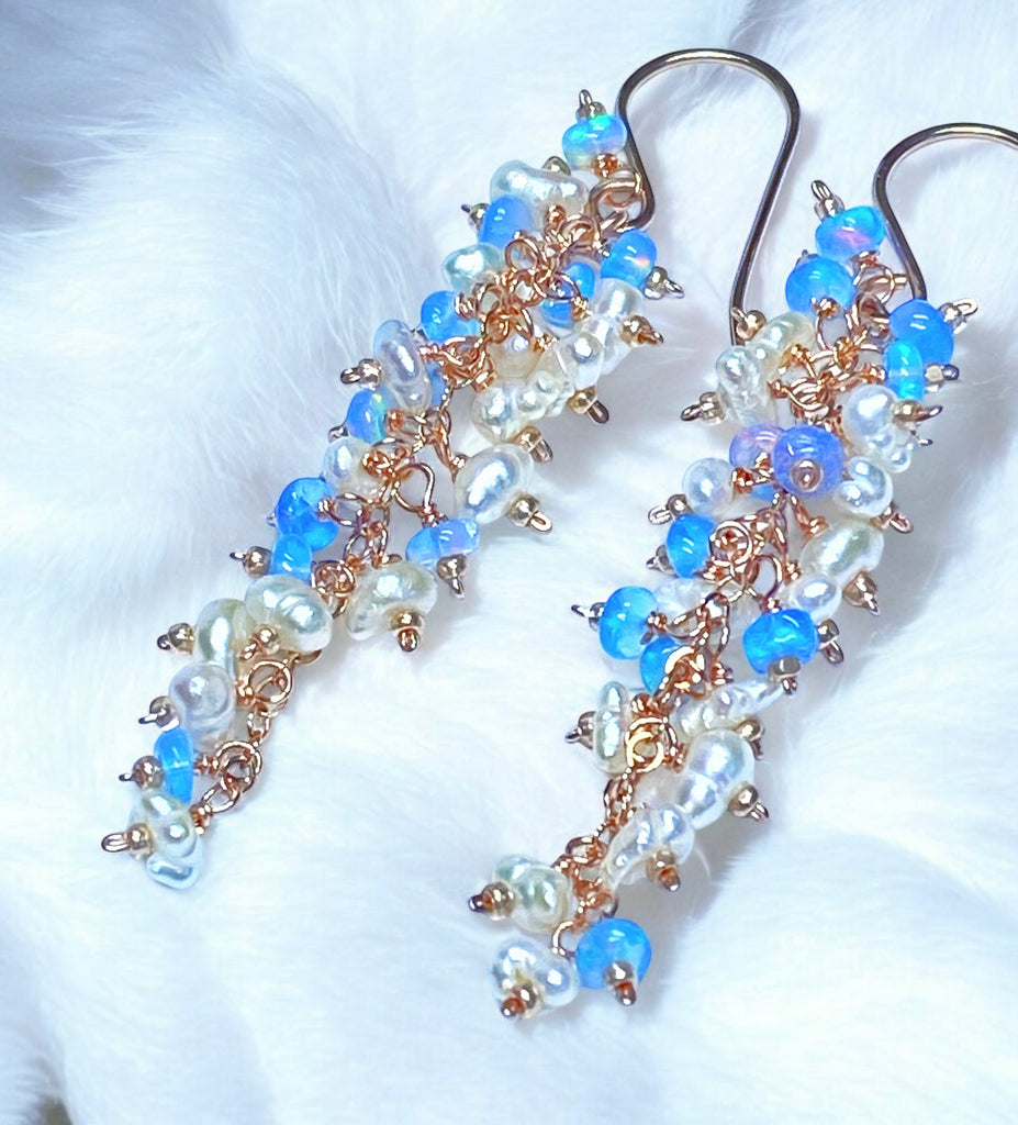 Blue Ethiopian Opal and Keishi Pearl Tassel Dangle Earrings Rose Gold