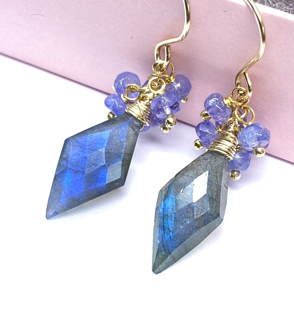 Blue Labradorite Fancy Cut Gem Earrings with Tanzanite Clusters: Gold Fill or Sterling Silver