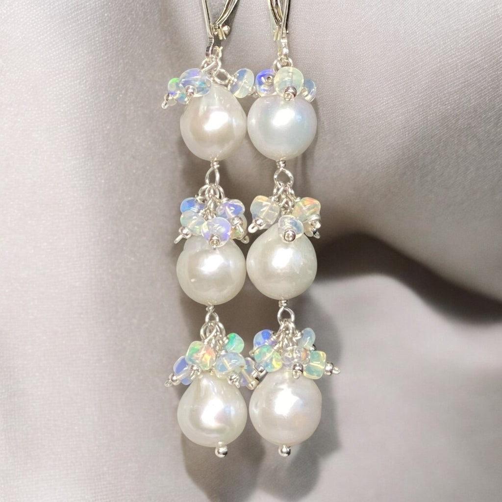 Pearl and Ethiopian Opal Long Dangle Earrings Sterling Silver