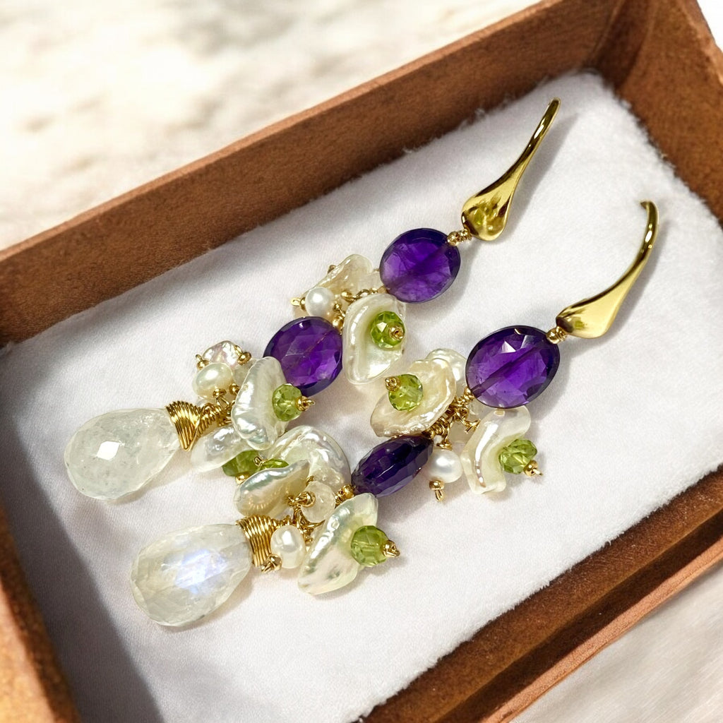 Amethyst Peridot Moonstone Keishi Pearl Long Drop Earrings