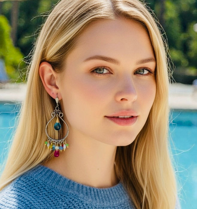 London Blue Topaz, Multi Gemstone, Oxidized Silver Hoop Chandelier Earrings