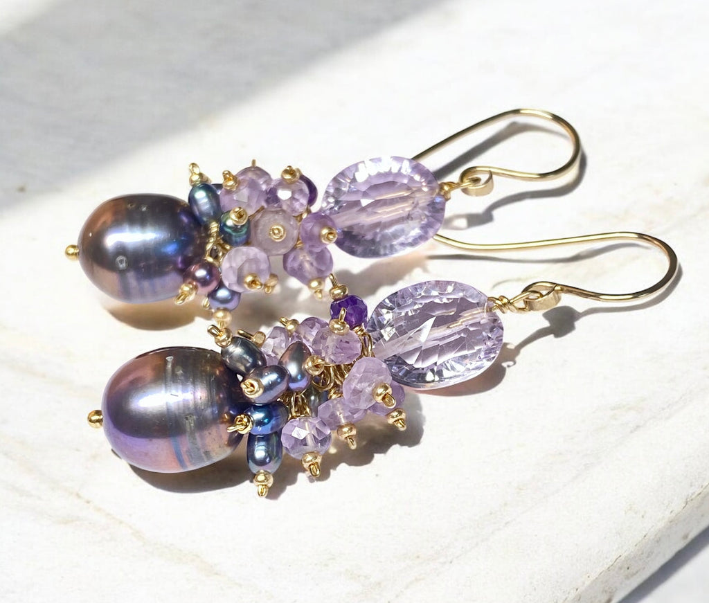 Amethyst Cluster Peacock Baroque Pearl Earrings Gold