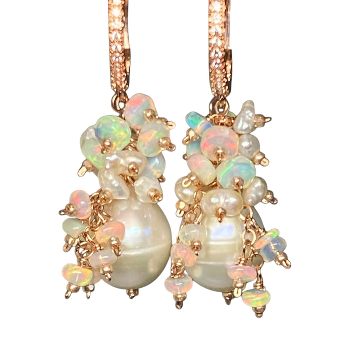 Pearl and Ethiopian Opal Cluster Earrings