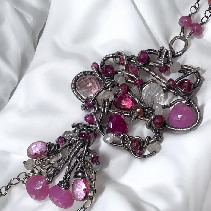 Boho Gemstone Pendant Oxidized Coiled Silver Pink Tourmaline, Pink Sapphire, Pink Topaz - Doolittle