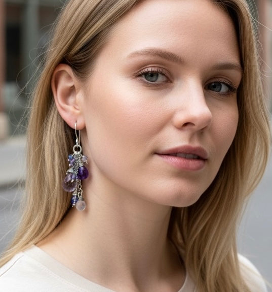 Blue Violet Boho Dangle Earrings Amethyst, Blue Denim Quartz, Oxidized Sterling Silver