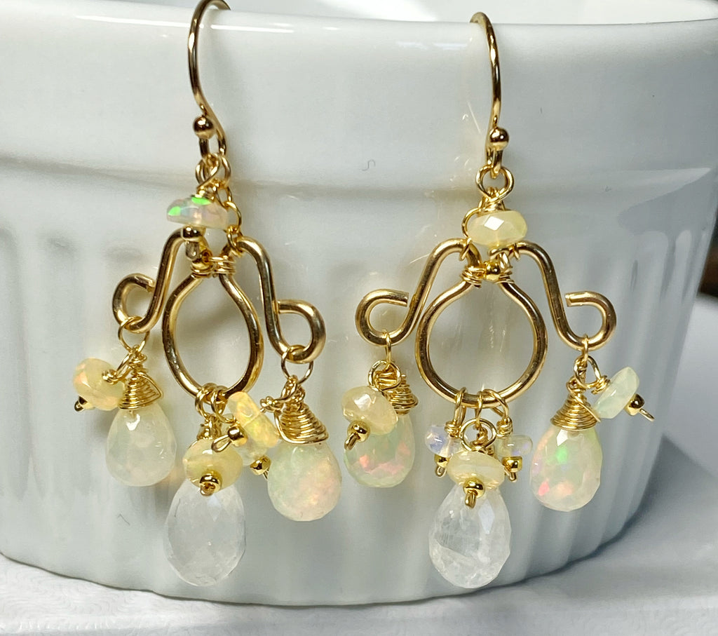 Ethiopian Opal and Moonstone Gemstone Chandelier Earrings Statement Gold Fill