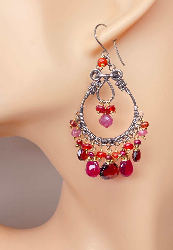 Red Garnet Mixed Metal Chandelier Hoop Earrings - Red Opals, Pink Sapphire Sterling Silver Gold Fill