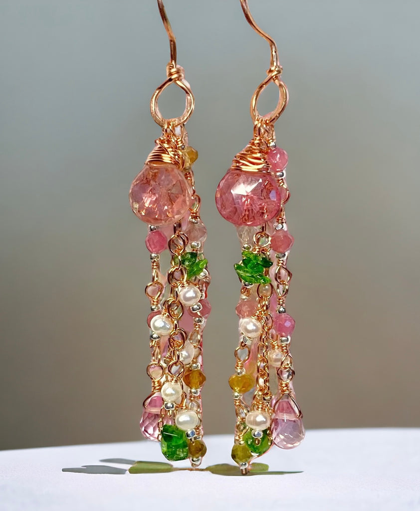 Pink Tourmaline Gemstone Rose Gold Long Dangle Earrings 2