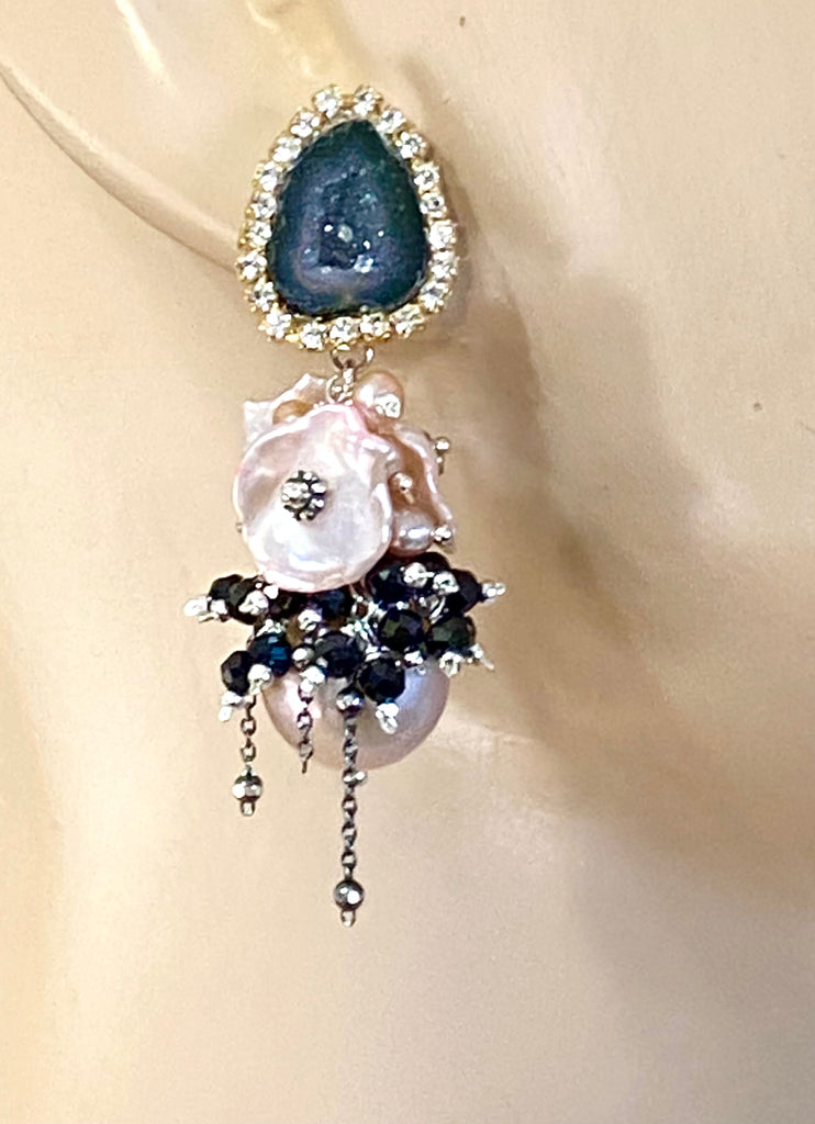 Pink Edison Pearl Cluster Earrings with Keishi and Black Geodes