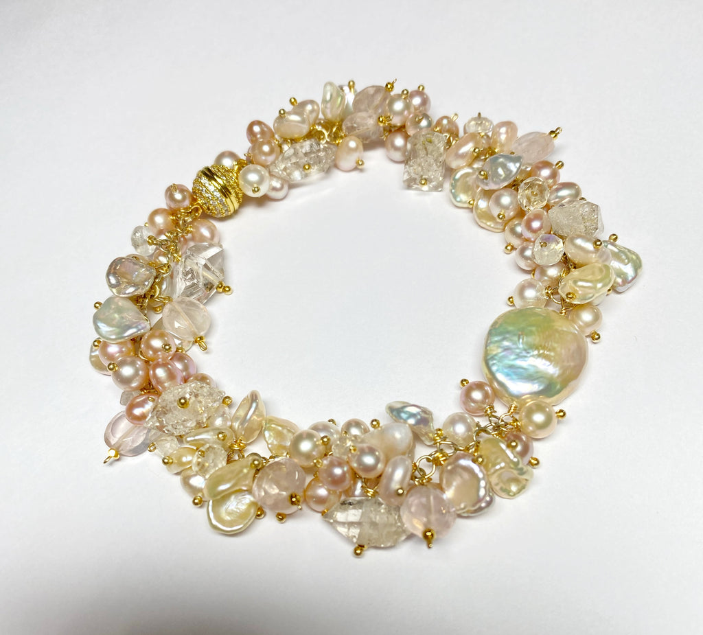 Ivory Blush Pearl Cluster Bracelet with Herkimer Diamond Quartz