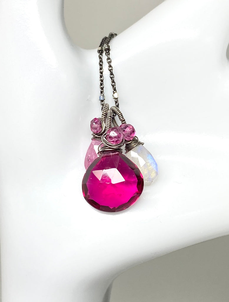 Pink Sapphire, Moonstone, Multi Gemstone Pendant, Oxidized Silver