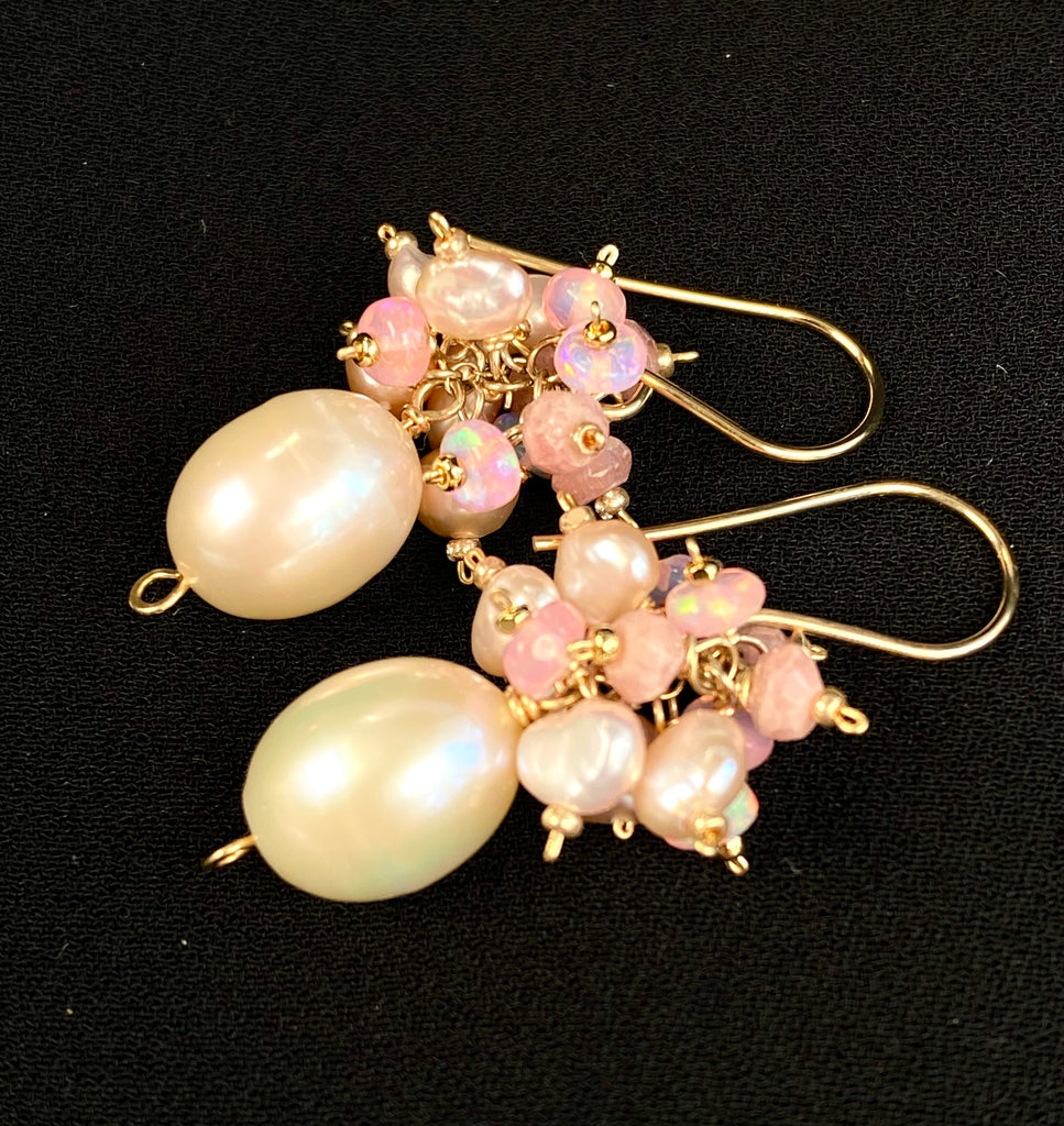 Pink Blush Pearl Pink Opal Cluster Earrings Gold Fill