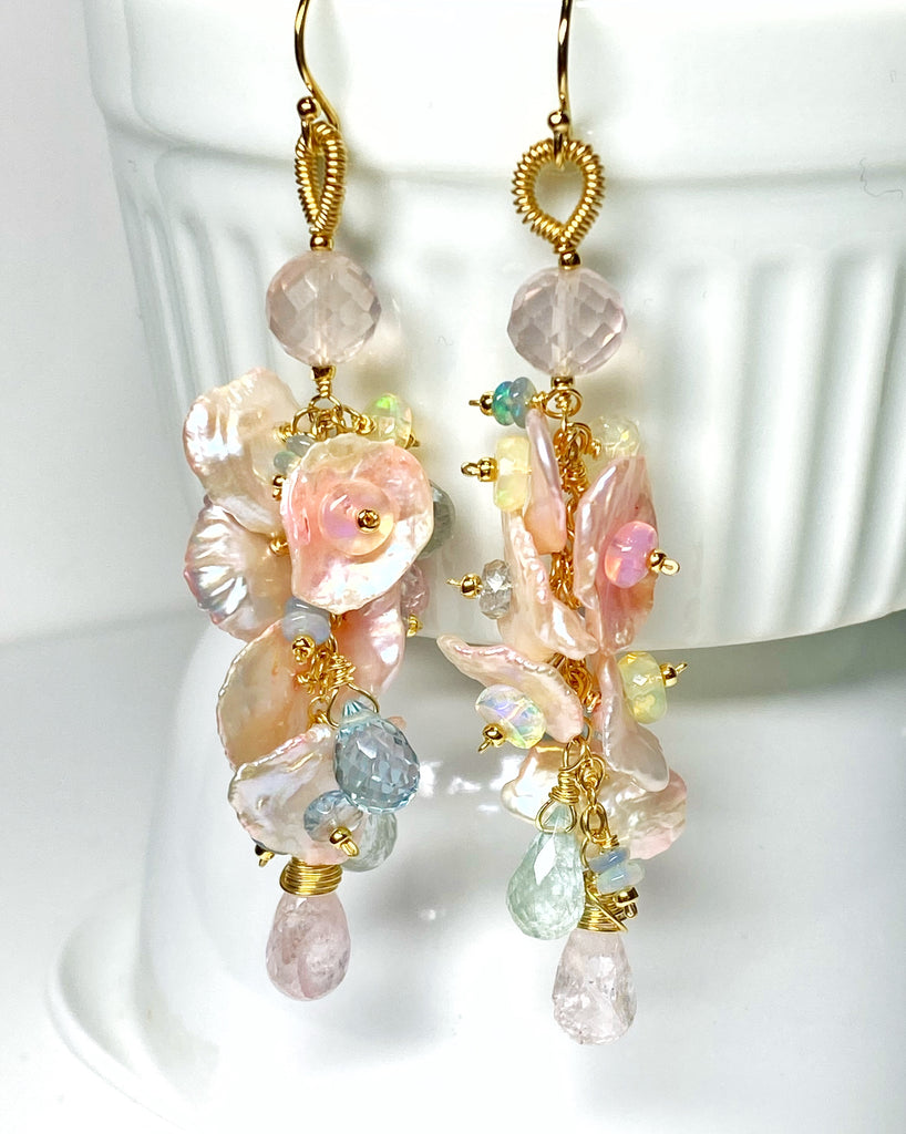 Aquamarine, Opal Gemstone and Keishi Pearl Dangle Wedding Earrings