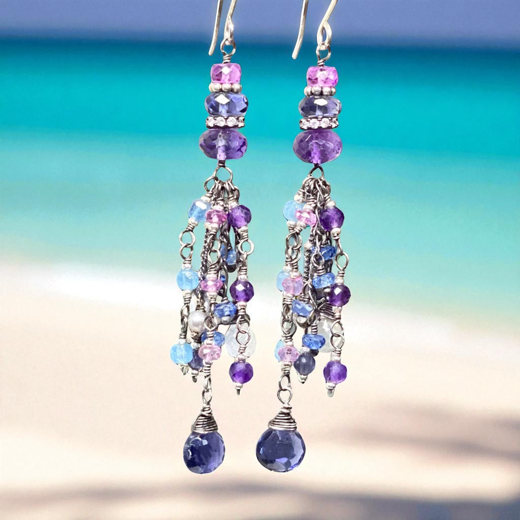 Blue Purple Gemstone Dangle Earrings, Tassel Style, Iolite, Amethyst, Oxi Sterling Silver