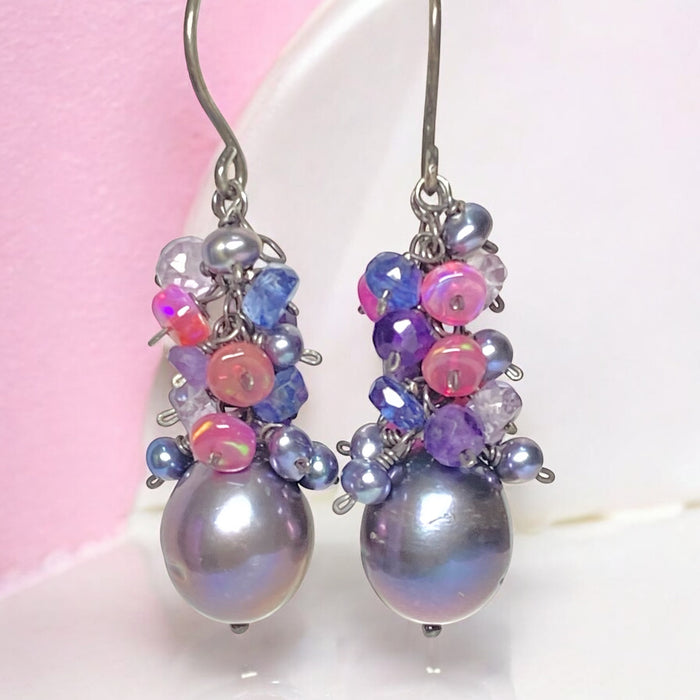 Peacock Pearl Cluster Earrings with Amethyst, Iolite and Pink Opals in Oxidized Sterling Silver