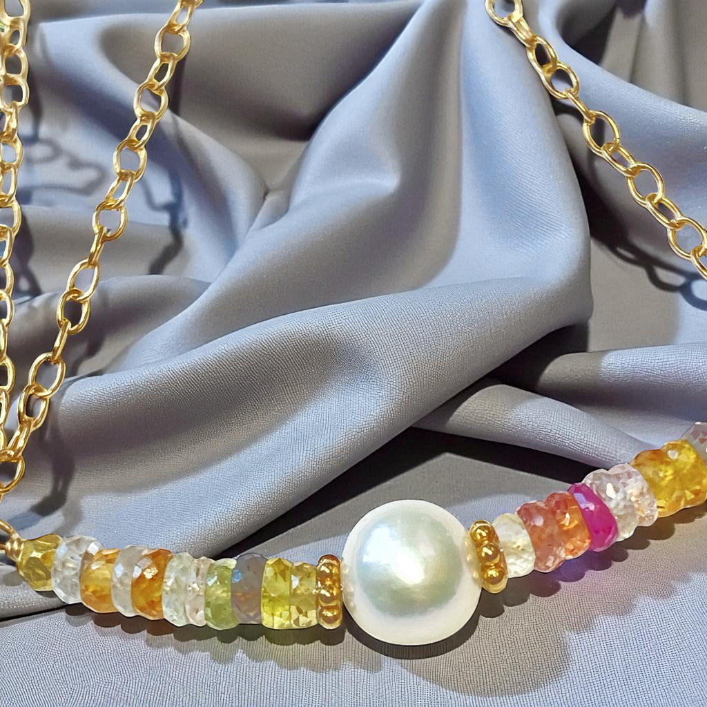 Sapphire Bar Necklace Gold Pastel Gemstone and Pearl Dainty Choker
