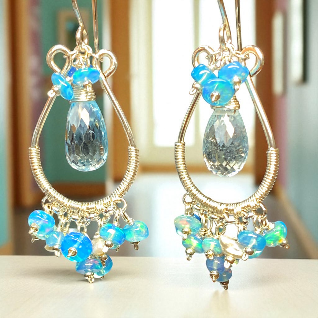 Blue Topaz and Opal Hoop Chandelier Earrings Sterling Silver