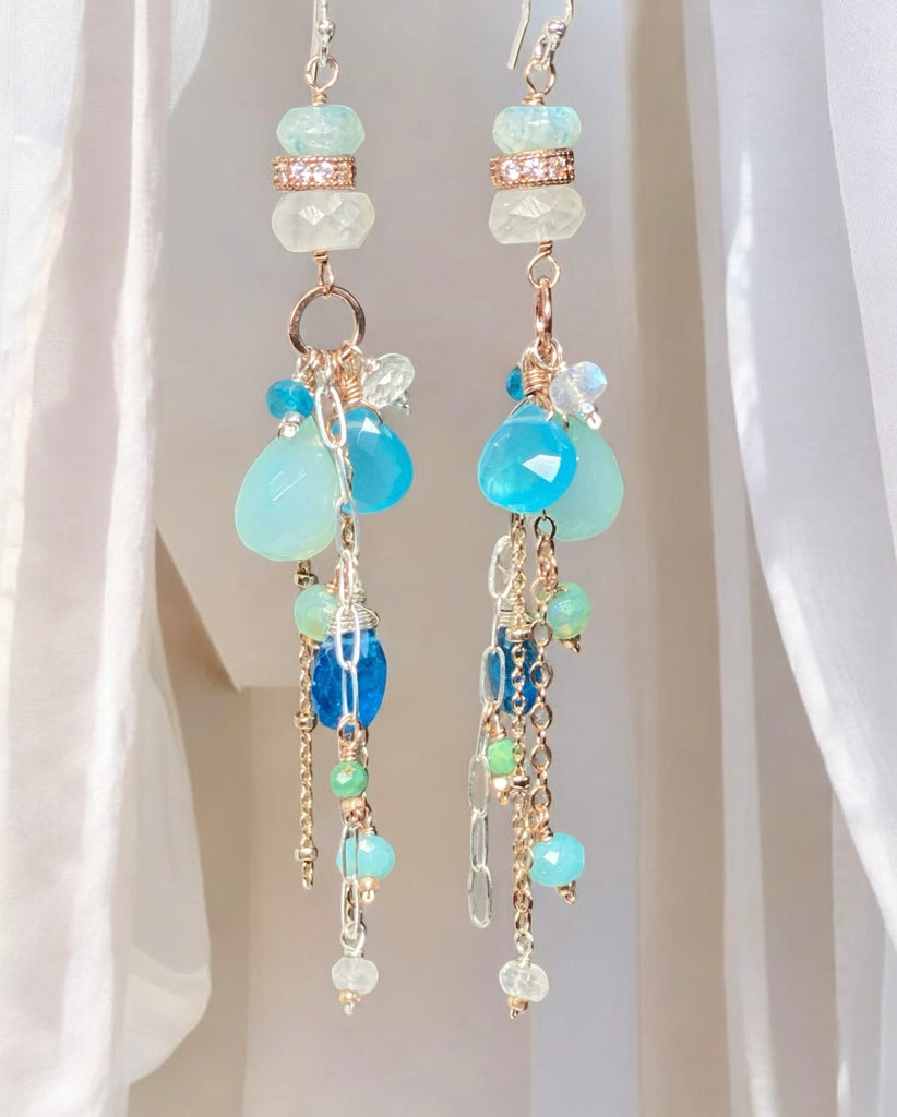 Long Boho Dangle Earrings with Aqua and Blue Chalcedony Mixed Metals