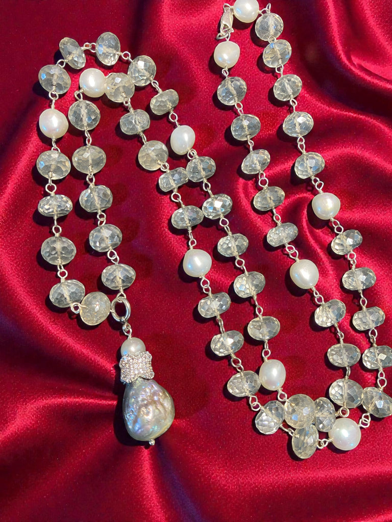 Mystic Silver Quartz and Pearl Long Wire Wrap Necklace Sterling Silver