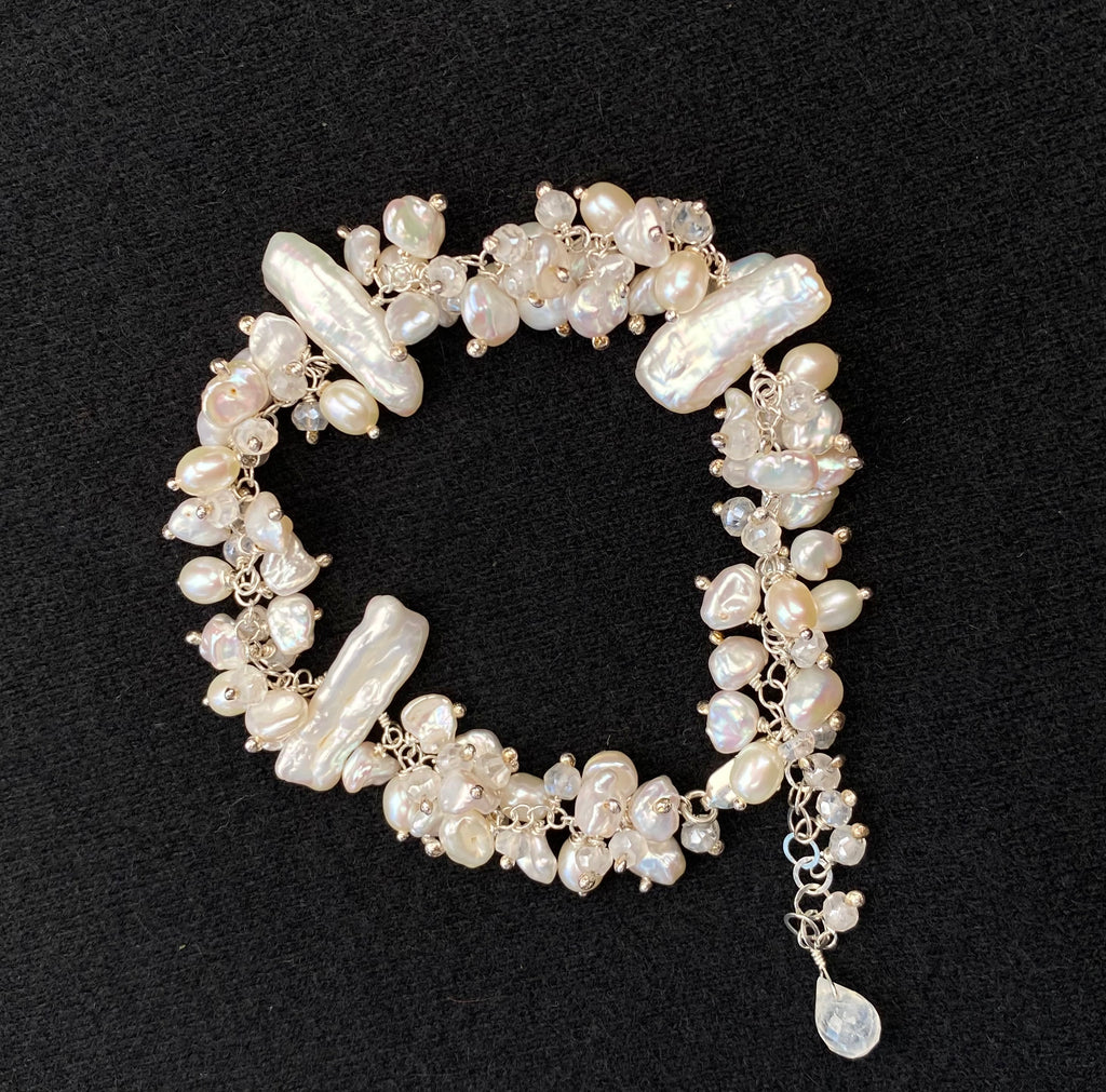 Keishi Pearl Bridal Bracelet Sterling Silver Mystic Crystal Pearl Cluster - Doolittle