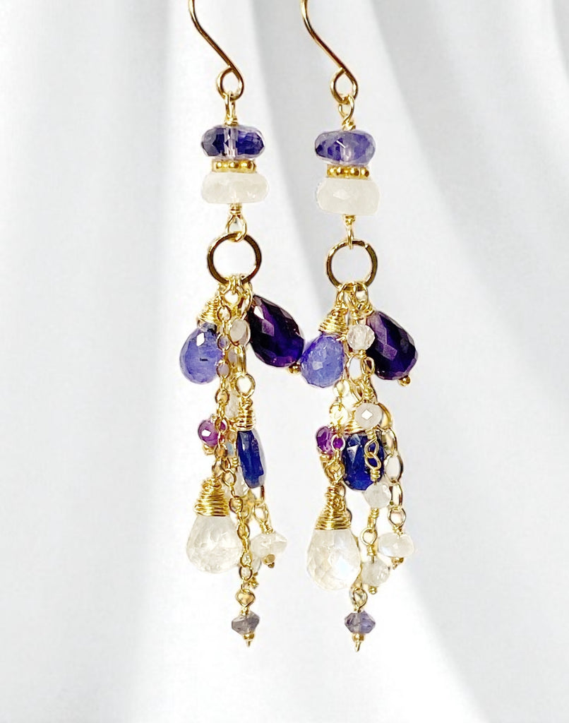 Blue Violet Gemstone Dangle Earrings - Amethyst, Tanzanite, Kyanite, Moonstone
