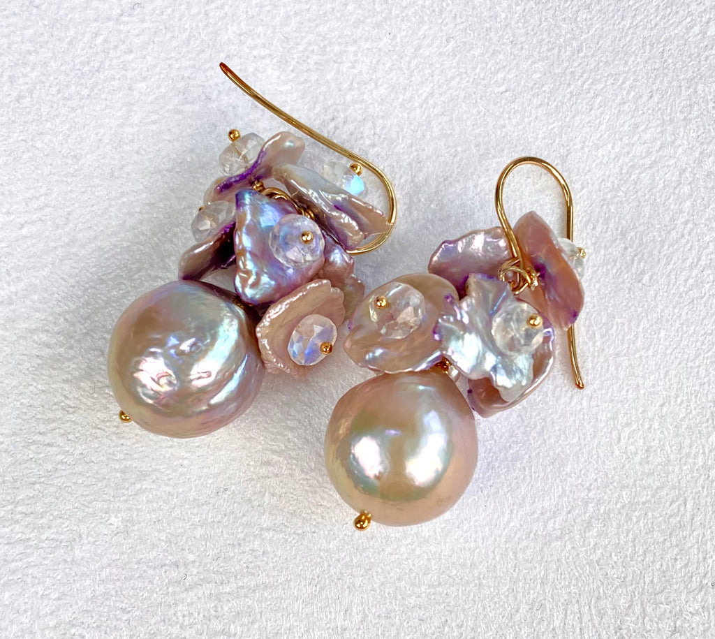 Silver Gray AAAA Pearl Cluster Earrings with Lavender Keishi and Rainbow Moonstone