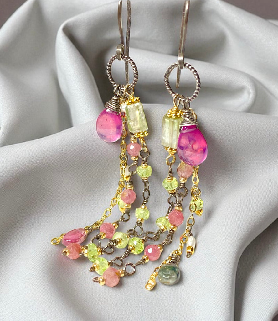 Pink Sapphire, Peridot and Tourmaline Gemstone Long Dangle Earrings
